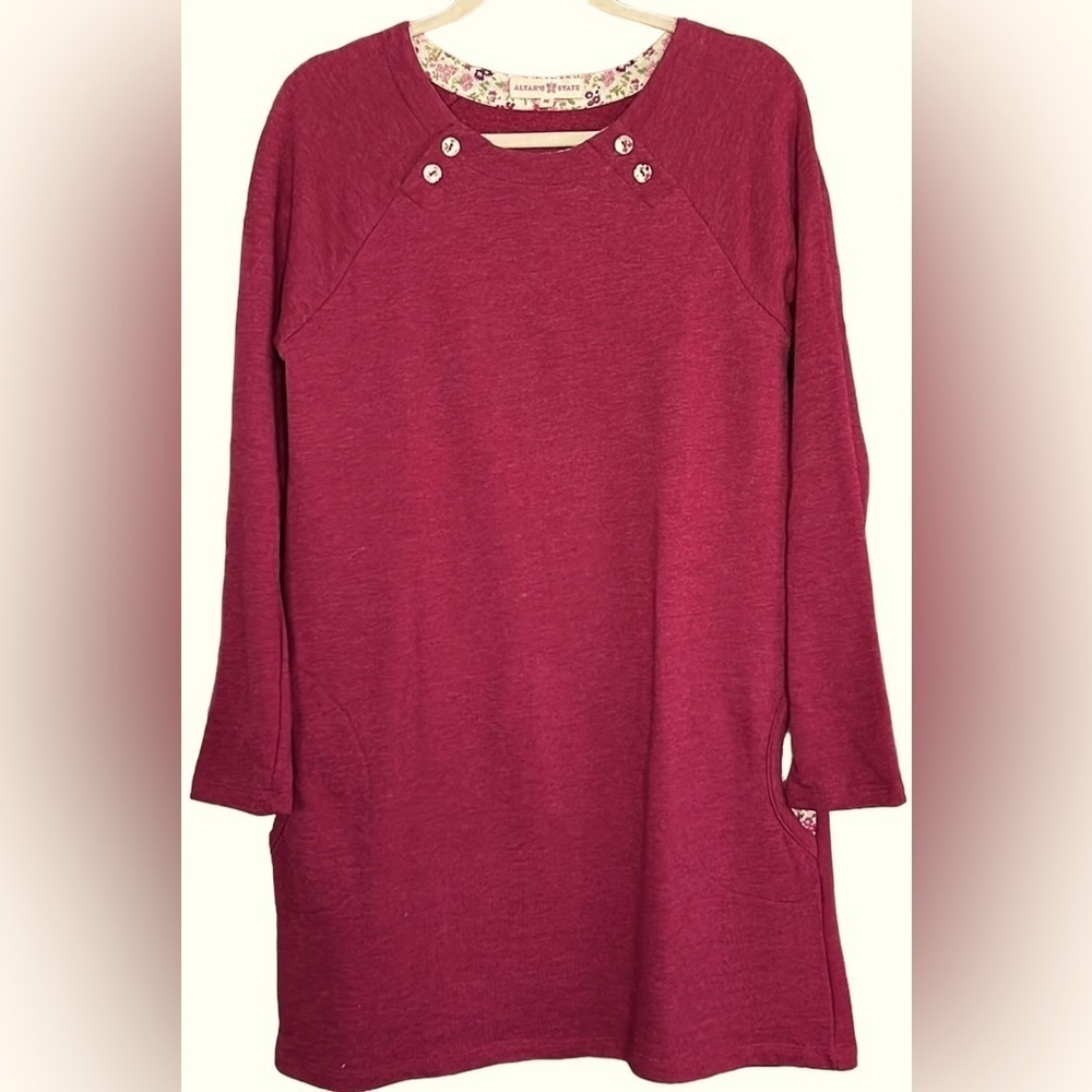 ALTAR’D STATE Raspberry Color Sweatshirt Dress w/Floral Accents, Sz Medium,GUC.